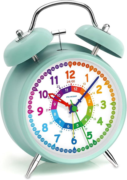 Peakeep Loud Analog Alarm Clock for Kids Learning Telling Time Teaching, 4.5" Twin Bell Alarm Clock Battery Operated for Heavy Sleepers Teenagers Kids(Aqua)