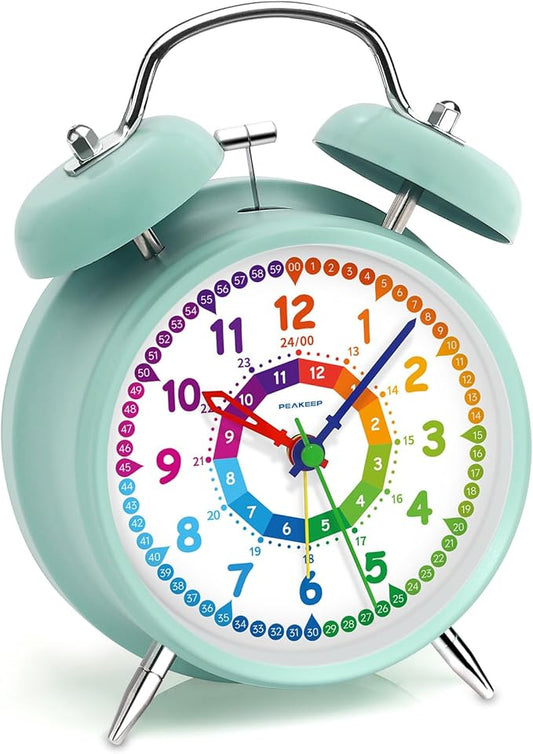 Peakeep Loud Analog Alarm Clock for Kids Learning Telling Time Teaching, 4.5" Twin Bell Alarm Clock Battery Operated for Heavy Sleepers Teenagers Kids(Aqua)