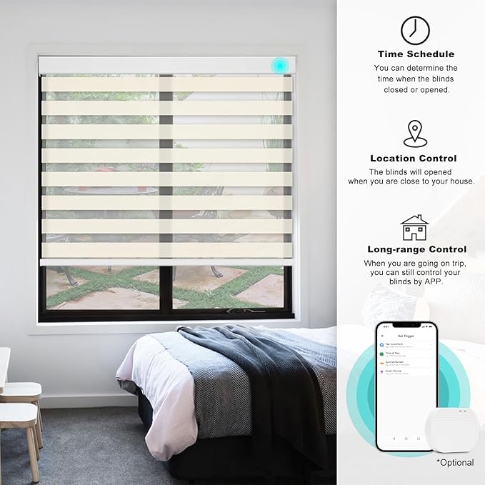 Changshade Smart Motorized Zebra Blinds Remote Control for Indoor Door Windows Light Filtering, Custom Size Shades Electric Power Automatic Compatible with Alexa, Google Home, Apple Homekit, Beige