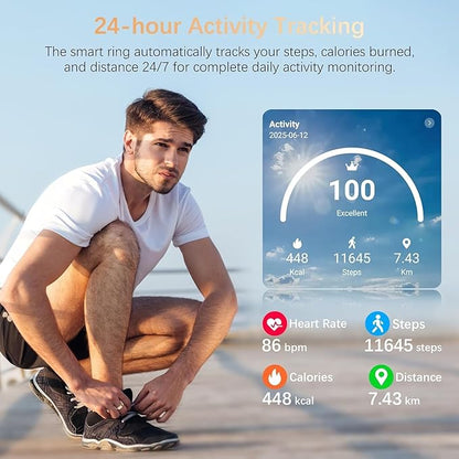 Fit Ring for Women Men, Ring Health Tracker with Heart Rate,Blood Oxygen,Heart Rate Variability, Stress, Sleep Monitor, Step Counter, Smart Ring for iPhone & Android, No Subscription Fee (Gold, 7#)