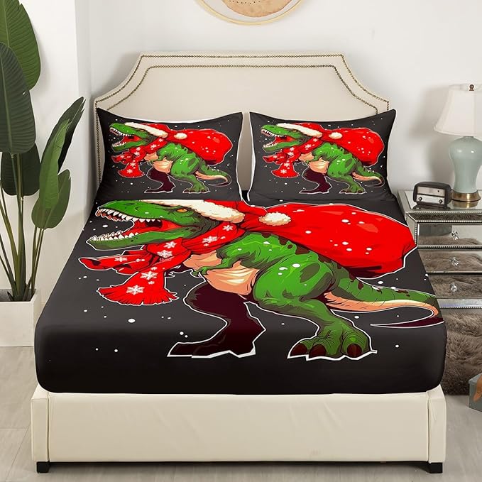 Manfei Green Dinosaur Kids Sheet Set Full Size, Dinosaur Santa Claus Bedding Set for Boys Girls Teens Bedroom Decor, Christmas Theme Bed Sheet Set 4pcs (Fitted Sheet, Flat Sheet, 2 Pillowcases)