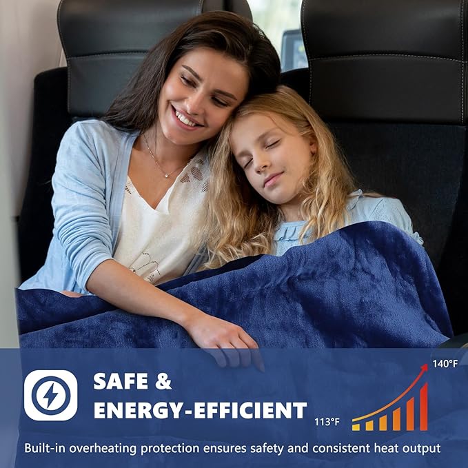 Heated Car Blanket DC12V-24V Electric Blanket for Car Camping, Portable Washable Heated Blanket with Timer, 3 Heat Settings, Heated Throw Blanket for Road Trip (Navy Blue)
