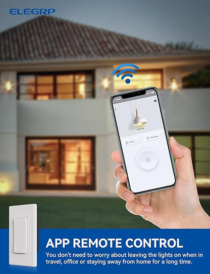 ELEGRP Smart Light Switch, 2.4GHz Wi-Fi Light Switch Compatible with Alexa & Google Assistant, Neutral Wire Required, APP Control and Timer Schedule, UL Certified, Single Pole/3 Way, White, 1 Pack