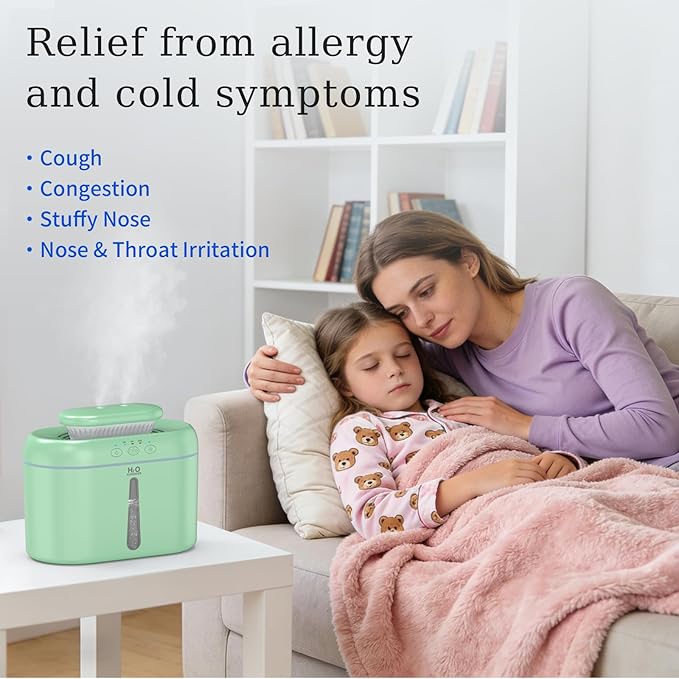 HZD Humidifiers for Bedroom 2L Large Tank for Long Runtime, Gentle Mist 26dB Quiet Runtime Easy to Fill & Clean Can Timed Humidifier for Home, Baby, Nursery, Plants, Night Light (Green)