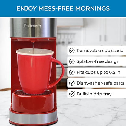 Kenmore Single Serve Coffee Maker – 6–14 Oz Brew Sizes, Compatible with Keurig K‑Cup Pods & Ground Coffee, One Cup Brewer, Travel Mug Friendly, Auto Shut‑Off, Hot & Iced maquina de cafe, Red