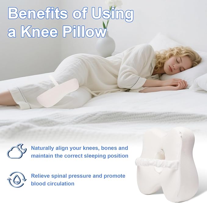 Knee Pillow for Side Sleepers Memory Foam Sciatica Pain Relief Leg Pillow, Removable Breathable Cover & Elastic Strap White