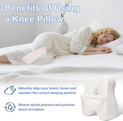 Knee Pillow for Side Sleepers Memory Foam Sciatica Pain Relief Leg Pillow, Removable Breathable Cover & Elastic Strap White