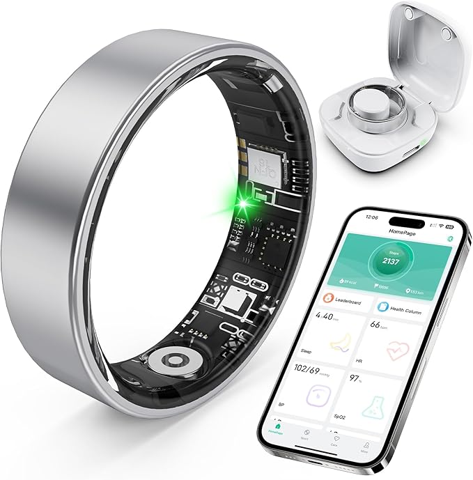 Smart Ring with Sleep Monitoring, Step Counting, Heart Rate, Blood Oxygen for iPhone and Android, No Subscription Fee, IP68 Waterproof Health Tracker (Silver, 10)