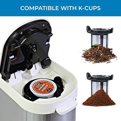 Kenmore Single Serve Coffee Maker – Compatible with Keurig K‑Cup Pods & Ground Coffee, One Cup Brewer, 6–14 Oz Brew Sizes, Travel Mug Friendly, Auto Shut‑Off, Hot & Iced Maquina de cafe, White