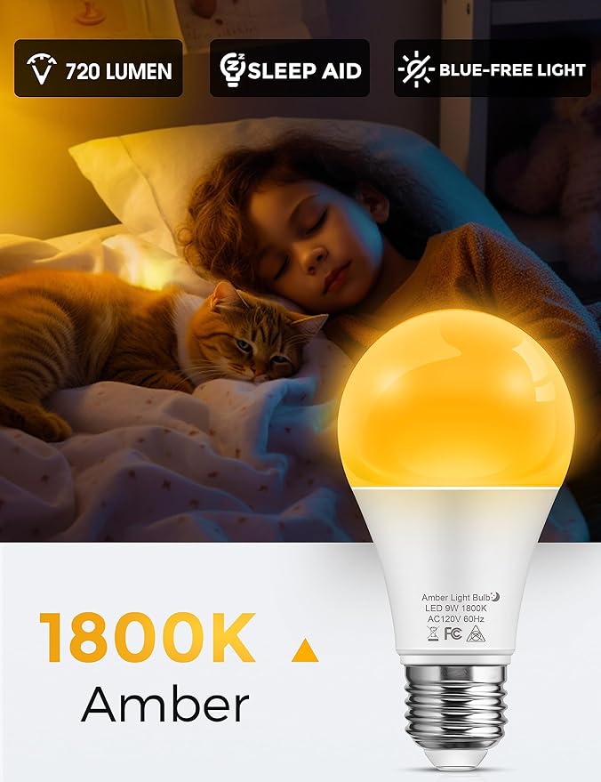 L LOHAS LED Sleep aid Amber Light Bulbs, Blue Light Blocking, A19 9W(60 Watt Equivalent) Dim Light Bulbs, 1800K Warm Light Bulb, E26 Base, 4 Pack