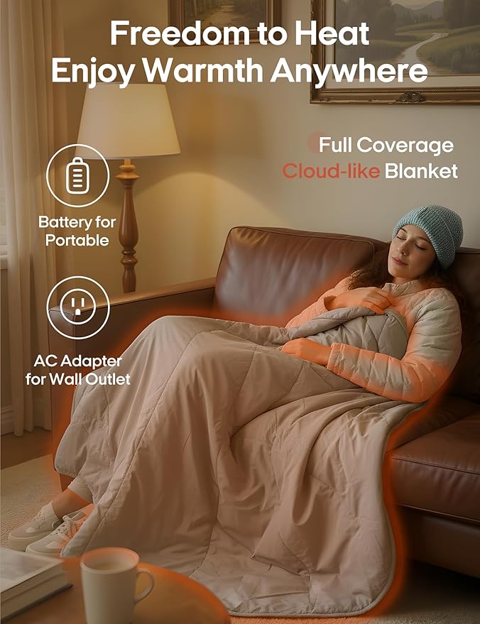 ZonLi Heated Blanket Battery Operated, Wearable Portable Electric Blanket with Rechargeable Battery, 50"x60" Cordless Heated Blanket, Waterproof, Machine Washable(Grey)