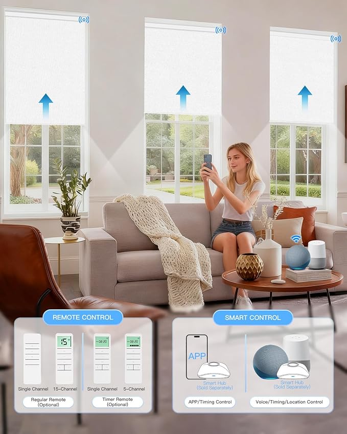 Motorized Roller Shade with Remote Control, Blackout Electric Shade for Windows Compatible with Alexa Google via Hub, Rechargeable Smart Window Blind Customized Size (Pure White)