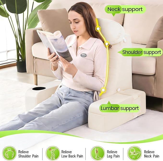 AS AWESLING Reading Pillow for Adults, Back Pillow for Bed Sitting Up, Backrest Pillow for Sitting in Bed, Detachable Arms with Built-in Cup & Phone Caddy (Beige, 21 INCH)
