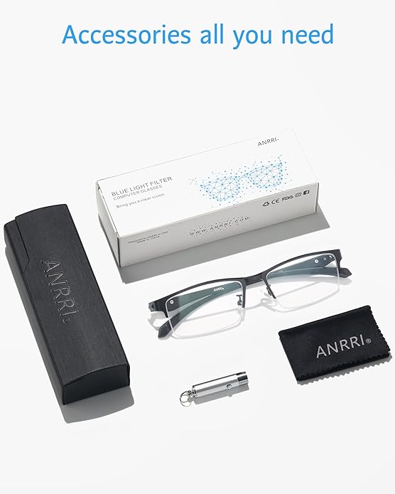 ANRRI Blue Light Glasses for Men Semi Rimless Rectangle Metal Frame UV Blocking Computer Glasses