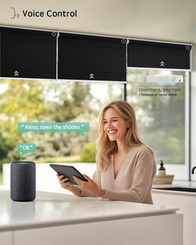 Yoolax Motorized Blinds with Remote, Blackout Smart Blinds for Windows Motorized Roller Shades, Automatic Window Shades Work with Alexa Custom Size (Blackout-Fabric Black)