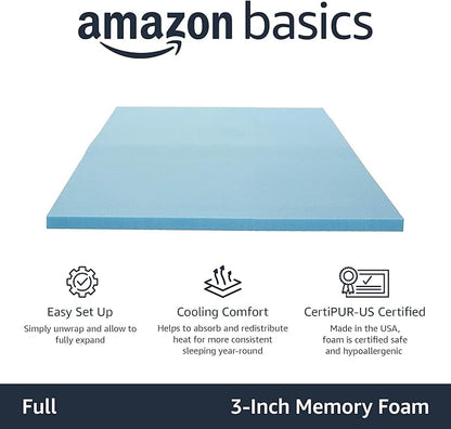 Amazon Basics Full Size Cooling Gel-Infused Memory Foam Mattress Topper, CertiPUR-US Certified, 3 Inches, Blue