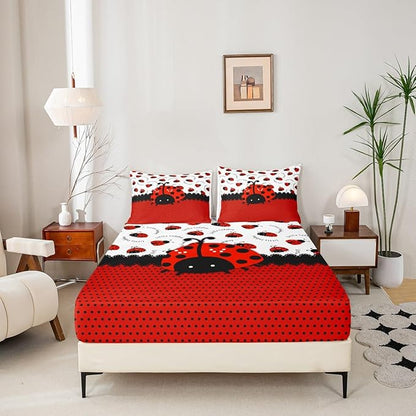 Manfei Ladybug Kids Sheet King Size,Red Black Ladybird Beetle Insect Rustic Girls Boys Bedding Set Decor,Geometric Polka Dots Abstract Cartoon Bed Sheet Set 4pcs(Fitted + Flat + 2 Pillowcases)