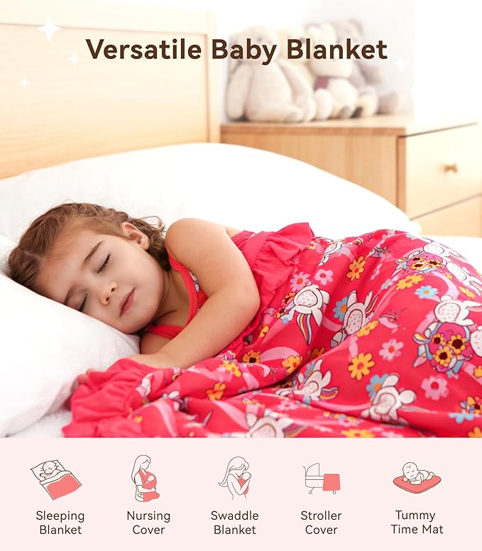 Premium Baby Blankets, Soft Viscose from Bamboo Blanket for Girls, Nursery Crib Bedding Quilt for Newborn and Toddler, Ruffle Blanket Cooling for Hot Sleepers 50''x50'' Pink Unicorn