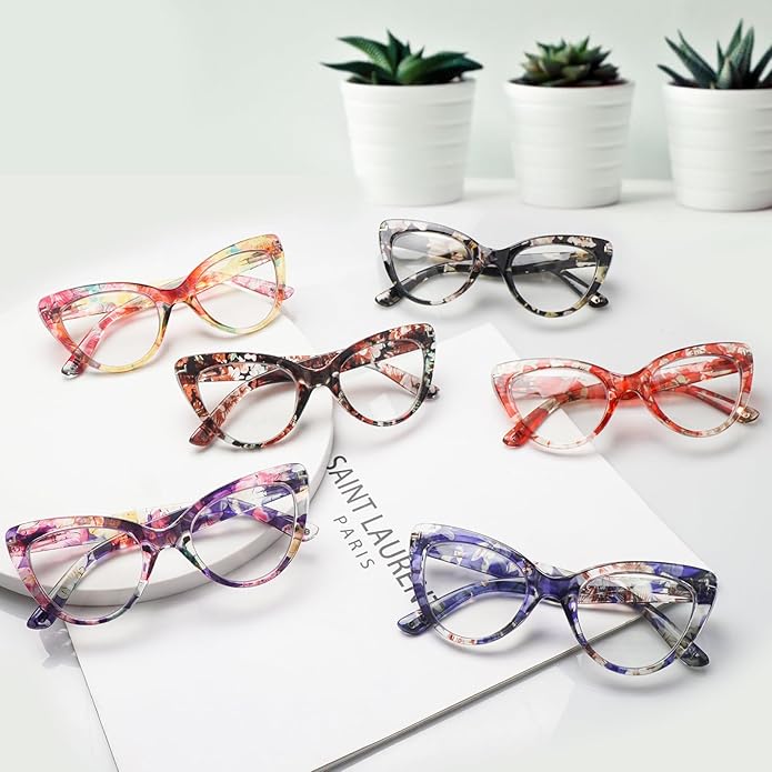6 Pack Fashion Cat Eye Reading Glasses for Women Blue Light Blocking Oversized Spring Hinges Computer Readers