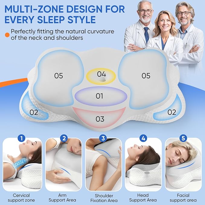 Cervical Pillow for Neck Pain Relief, Adjustable Ergonomic Contour with Orthopedic Memory Foam, Full Support for All Sleeping Positions (Side Back Stomach), Odorless (Gray-White)