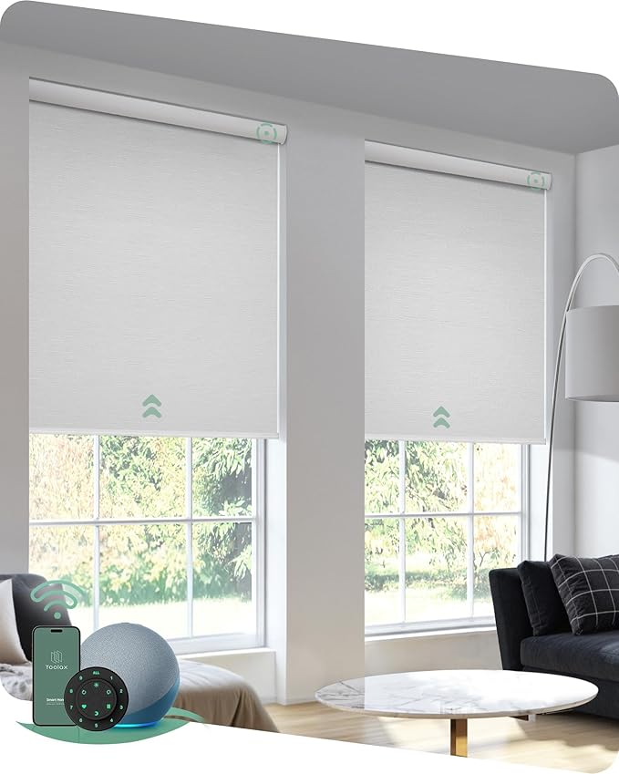 Yoolax Motorized Blinds with Remote, Blackout Smart Blinds Automatic Blinds for Windows, Electric Window Shades Compatible with Alexa Roller Window Shades with Valance (Jacquard White, 24" W x 72" H)