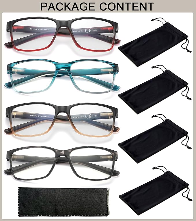 4-Pack Reading Glasses Blue Light Blocking for Men,Comfort Lightweight Eyeglasses Flexible Spring Hinge,Anti Eyestrain/Glare Filter UV Ray Computer Readers(1.75x)