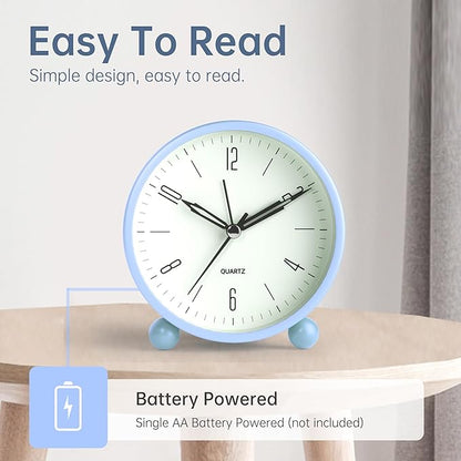 Analog Alarm Clock, 4 inch Super Silent Non Ticking Small Clock with Night Light, Battery Operated, Simple Design, Old fashioned Style SkyBlue decor, for Bedroom, Bedside, Desk, Adult, Kid, Gift, Blue