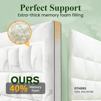 Memory Foam Mattress Topper - Viscose Made from Bamboo Pillow Top Thick Twin Size Mattress Pad for Back Pain, Ultra Soft & Cooling for Hot Sleepers, 6-18'' Deep Pocket, White