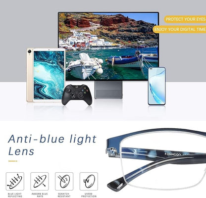 FONHCOO Reading Glasses for Women Men, Blue Light Blocking Reading Glasses Metal Half Frame Computer Readers Anti UV/Glare