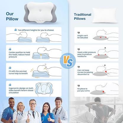 Cervical Pillow for Neck Pain Relief, Cooling Contour Memory Foam Pillows Support Odorless Ergonomic Neck Pillow Adjustable Orthopedic Bed Pillow for Side Back Stomach Sleeper,Snow