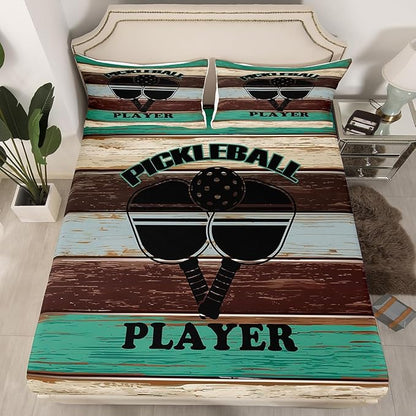 Manfei Pickleball Kids Sheet Full Size,Geometric Wooden Plank Rustic Bedding Set,Boys Girls Room Decor,American Tennis Sports Competition Games Brown Bed Sheet Set 4pcs(Fitted + Flat + 2 Pillowcases)