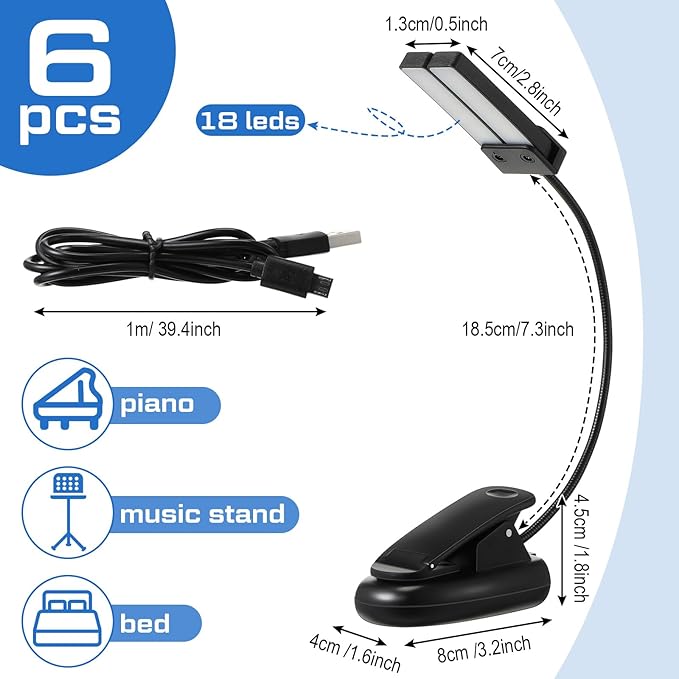 Retisee 6 Pcs Music Stand Clip on Reading Light Dual Heads USB and AAA Battery Operated LED Book Lights in Bed 3 Brightness Levels Ideal for Musician, Battery Not Included (Double-Light Style)