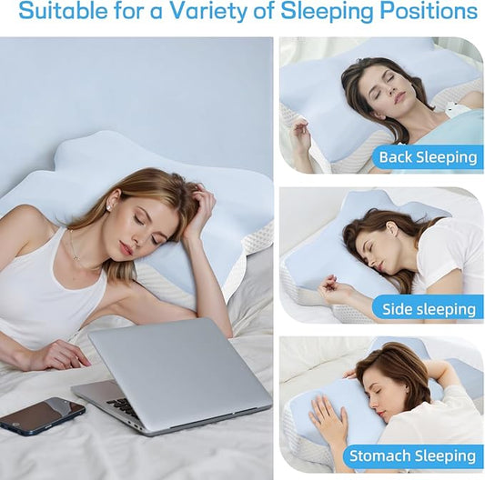 Cervical Neck Pillow for Pain Relief, Ergonomic Neck Support Pillow for Side Sleeper, Contour Memory Foam Pillows with Cooling Pillowcase Orthopedic Bed Pillow for Back Stomach Sleepers, Sky Blue