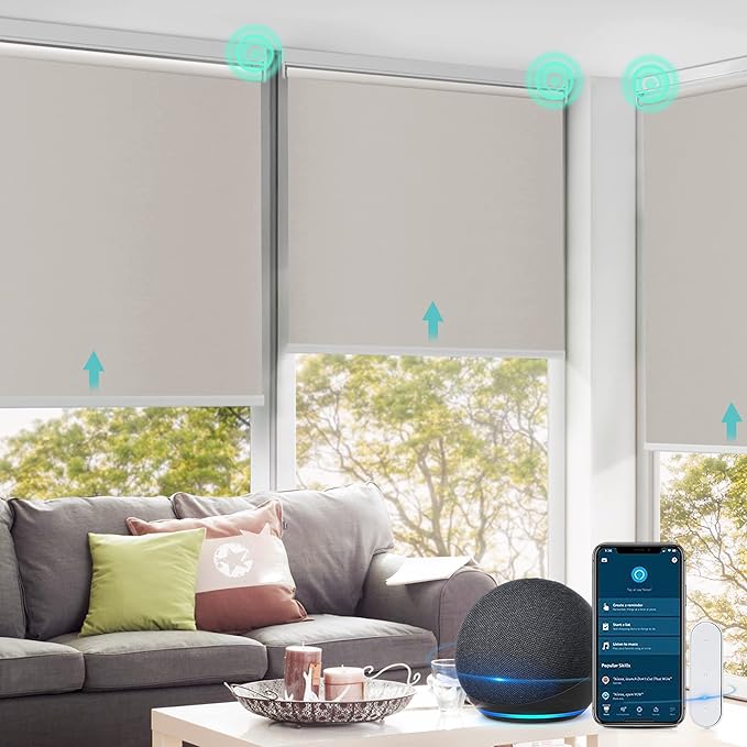 Allesin Motorized Roller Shade Blinds Work with Alexa for Window, Blackout Smart Shades Cordless with Remote Control, Electric Automated Blinds, Customized Size, Lithium Battery Motor(Grey Beige)