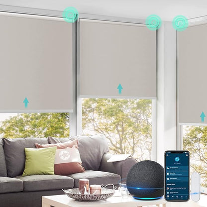 Allesin Motorized Roller Shade Work with Alexa for Window, 100% Blackout Smart Shades Cordless with Remote Control, Electric Automated Blinds for Window, Customized Size for Smart Home (Grey Beige)