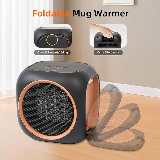 Space Heater with Mug Warmer, Electric Space Heaters for Indoor Use with Thermostatc, Candle Warmer Pate for Bedroom, Office, Large Room Use