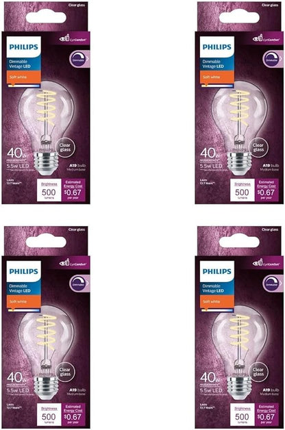 PHILIPS LED 40W A19 4-Pack Vintage Edison Soft White (2700K) 500 Lumen (5.5W = 40W) Dimmable Flicker-Free Light Bulbs