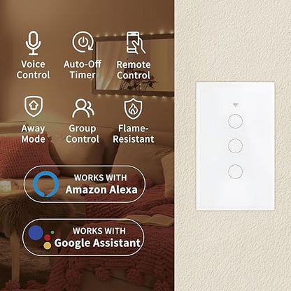 Wi-Fi Light Switch - 2.4GHz Smart Switch with Alexa & Google Assistant - Single Pole, Remote Control, Schedule - Neutral Wire Required