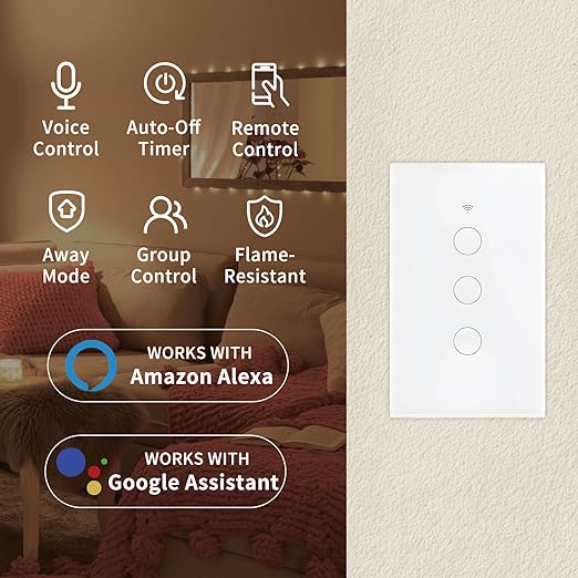 Smart Wi-Fi Light Switch 2.4GHz - Compatible with Alexa and Google Assistant - Neutral Wire Required, Single Pole, Remote Control, Schedule (3 Pack)