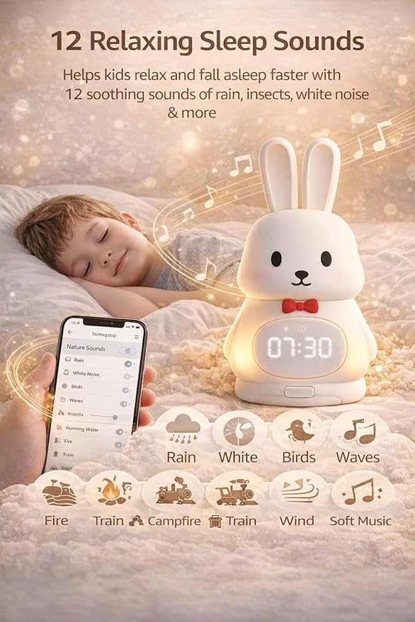 Sleep Trainer Clock for Toddlers with Color Light Cues, Bunny Alarm Clock with Night Light & Sunrise Wake Up, 12 Sounds, App Control, Rechargeable Silicone Nursery Lamp