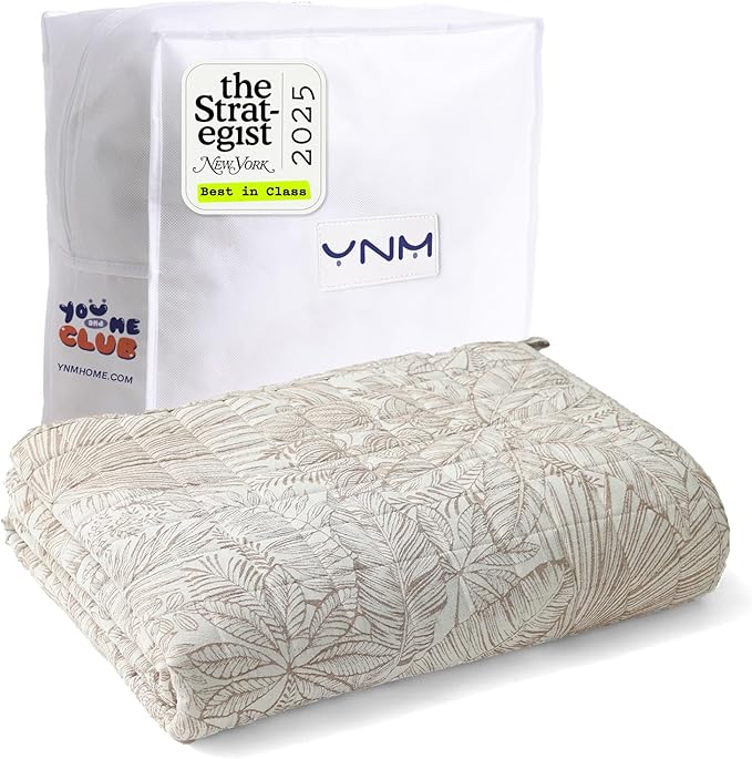 YnM King Size Linen Weighted Blanket for Adults (88x104 Inches, 40 Pounds, Palm Tree), Exclusive Smallest Compartments, Heavy Bed Blanket for Two Persons of 240~390lbs on Queen or King Bed