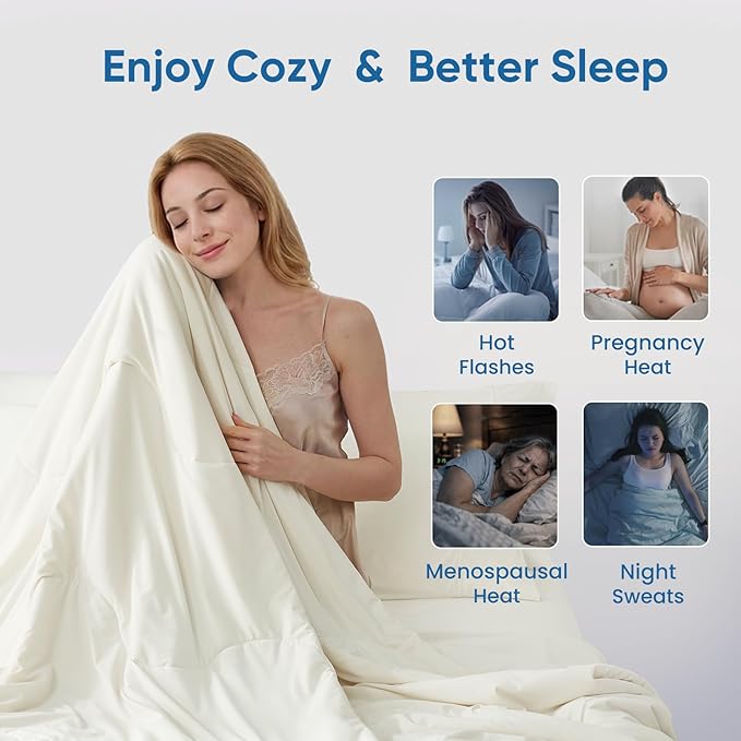 Snuggle Sac Natural Viscose Cooling Comforter Queen Size, Lightweight Breathable Silky Cooling Bedding with Q-Max>0.45 for Bedroom, Home Decor, Hot Sleepers & Night Sweats, Snow Ivory 90"x90"