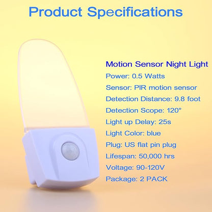 Motion Sensor Night Light 2 Pack, 0.5W Plug in Motion Activated LED Night Lights, Automatic Motion Detector Night Lights for Kids Room, Bedroom, Bathroom, Stair, Toilet, Corridor (Blue)
