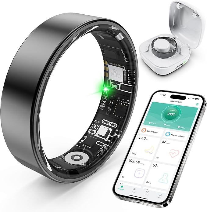 Smart Ring with Sleep Monitoring, Step Counting, Heart Rate, Blood Oxygen for iPhone and Android, No Subscription Fee, IP68 Waterproof Health Tracker (Black, 9)