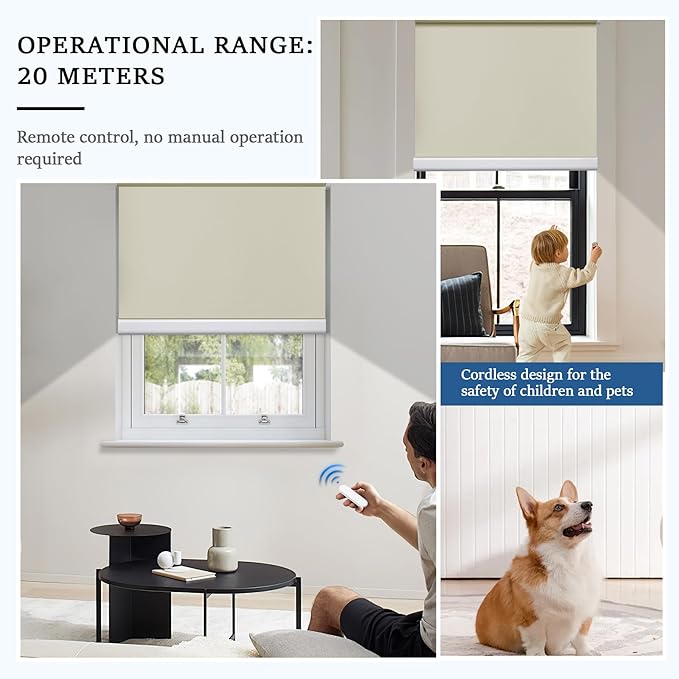 Grandekor Motorized Blinds with Remote Control, Blackout Roller Shade Electric Shades Cordless Smart Blinds for Bedroom Living Room Office,Cream,W24xH72