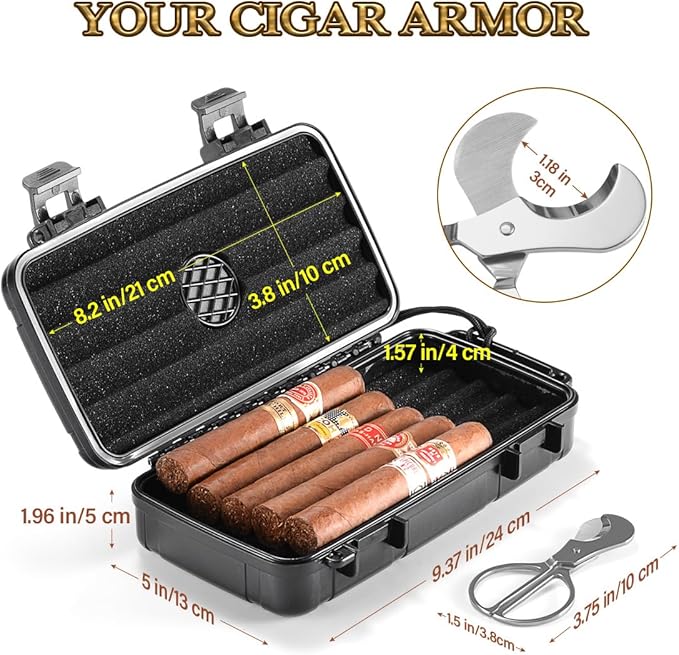 Portable Cigar Humidor Case - Travel Cigar Box with Built-in Humidifier Disc, Stickers & Cigar Cutter | Airtight | Portable | Water/Crushproof (Holds up to 5 Cigars)