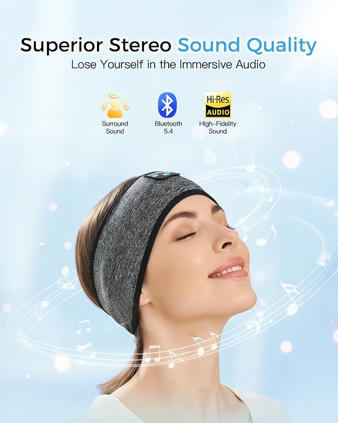 Sleep Headphones Bluetooth Headband 5.4, Wireless Headphones with Ultra-Thin HD Stereo Speakers, Soft Breathable Sports Headband for Sleeping, Running, Yoga, Travel, Gifts for Men & Women