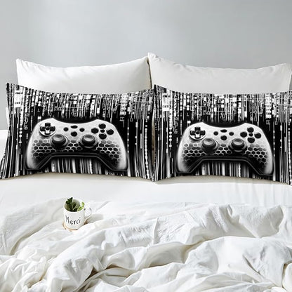 3D Gaming Gamepad Kids Sheet King Size,Geometric Neon Lights Honeycomb Hexagon Bedding Set,Boys Girls Room Decor,Modern Videogames Controller Grey Bed Sheet Set 4pcs(Fitted + Flat + 2 Pillowcases)