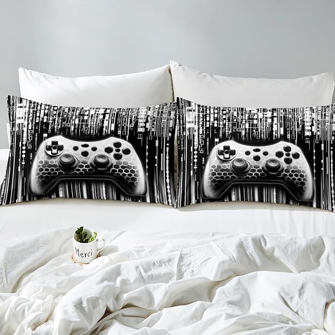 3D Gaming Gamepad Kids Sheet Queen Size,Geometric Neon Lights Honeycomb Hexagon Bedding Set,Boys Girls Room Decor,Modern Videogames Controller Grey Bed Sheet Set 4pcs(Fitted + Flat + 2 Pillowcases)