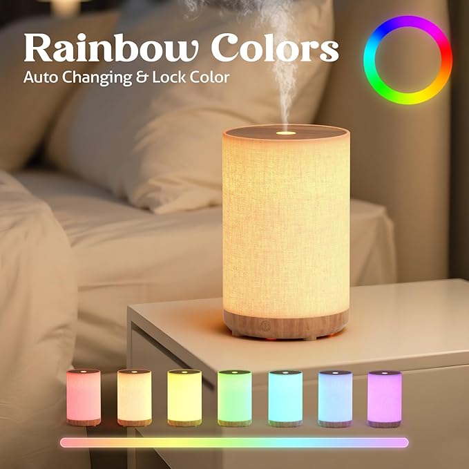 Essential Oil Diffuser with Fabric Cover, Small Portable Aroma Diffuser 120ml, Ultrasonic Aromatherapy Oil Diffuser with 8 Colors LED, Auto Shut-Off Function, Mini Humidifier for Bedroom Home